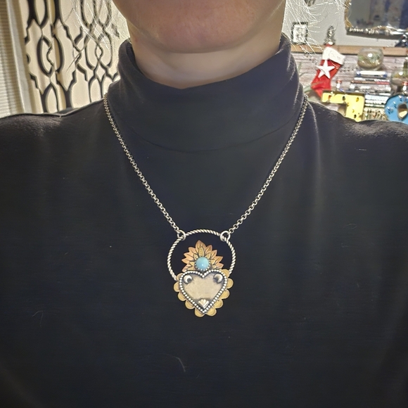 Turquoise Mixed Metal Sacred Heart Statement Necklace - Picture 6 of 6